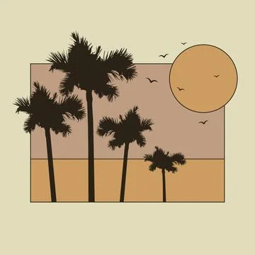 Sunset with the palms tree on beige background. Minimalist Miami beach land.. Stock Illustration