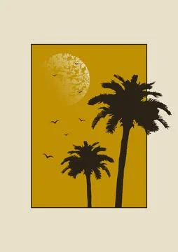 Sunset with the palms tree on beige background. Minimalist Miami beach land.. Stock Illustration