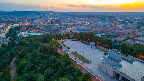 Sunset panorama view of Vitkov memorial in Prague, Czech republi Stock Photos