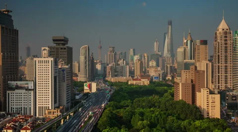 Sunset panoramic rooftop 4k time lapse from shanghai city Vídeo Stock 46556047