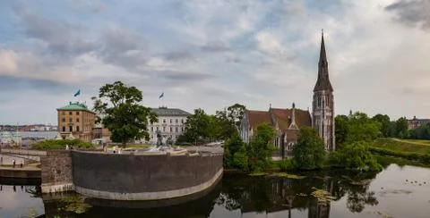 Sunset panoramic view on the St. Alban's Church and the pond in Copenhagen Stock Photos
