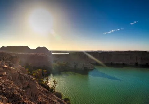 Sunset Panoramic view to Yoa lake Ennedi, Chad Stock Photos