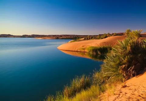 Sunset Panoramic view to Yoa lake group of Ounianga kebir lakes , Ennedi, Cha Stock Photos