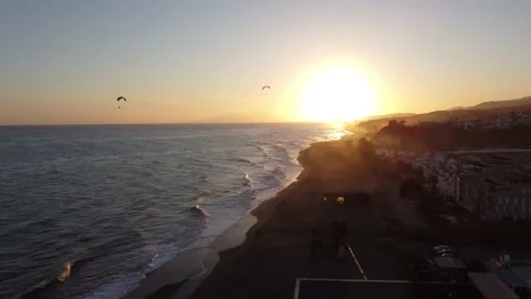 Sunset paragliding in beautiful Málaga beach in Spain Stock Footage 235362733