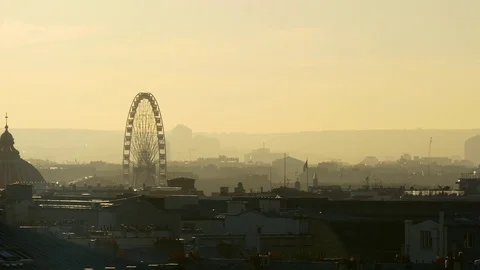 Sunset paris galeries lafayette rooftop ferris wheel panorama 4k france Stock Footage 82274714
