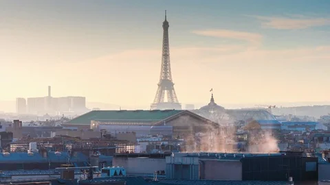 Sunset paris rooftop eiffel tower great palace panorama 4k time lapse france Vídeo Stock 74683797