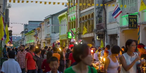 Sunset phuket town famous crowded tourist market street hd thailand Stock Footage 64565315