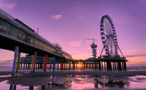 Sunset at the pier in Scheveningen Stock Photos
