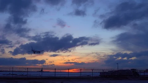 Sunset. Plane lands, another plane takes off. Truck pulls trailers with luggage Stock Footage 105701716