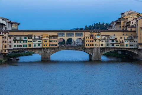 Sunset on Ponte Vecchio - Old Bridge - in Florence, Italy. Amazing blue light Stock Photos