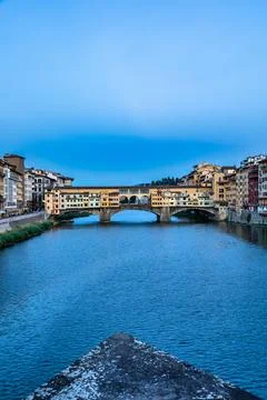 Sunset on Ponte Vecchio - Old Bridge - in Florence, Italy. Amazing blue light Stock Photos