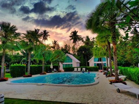 Sunset at a pool surrounded by palm trees in a tropical area. Chumphon in T.. Stock Photos