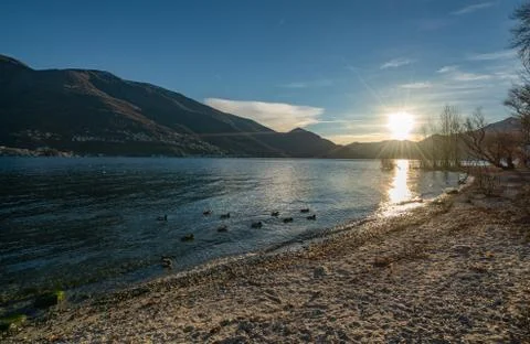 Sunset in port of Ascona Foto stock