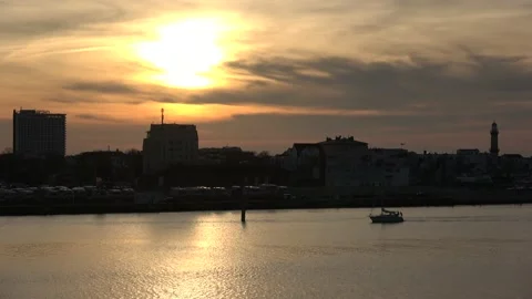 Sunset port of Warnemuende with ship (2) Stock Footage 131942731