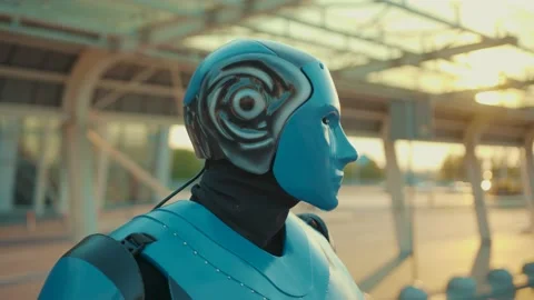 At sunset portrait humanoid robot look at camera glowing eyes on street in the Stock Footage 133303754