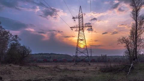Sunset Power Lines Stock Photos