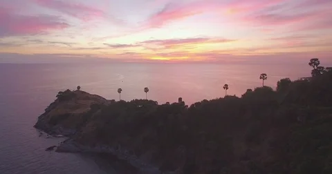 Sunset At Promthep Cape Viewpoint In Phuket, Thailand, Ascending Aerial Shot Stock Footage 80274205