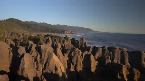 Sunset at Punakaiki pancake rocks on the South Island of New Zealand Stock Footage