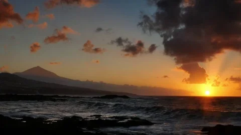 Sunset at punta de hidalgo with volcano Teide in the distance Stock Footage 70968301