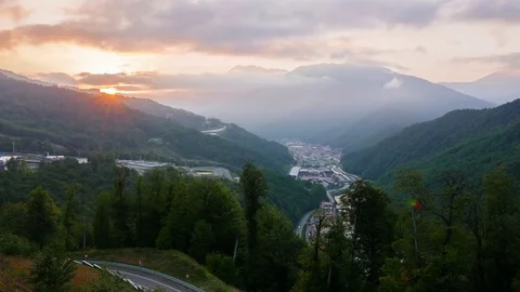 Sunset. Railway station Rosa Khutor and Gorki City, Sochi, Russia Vídeo Stock 83677864