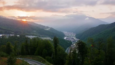 Sunset. Railway station Rosa Khutor and Gorki City, Sochi, Russia Video stock 83677987