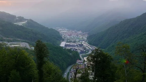 Sunset. Railway station Rosa Khutor and Gorki City, Sochi, Russia Stock Footage 83679534