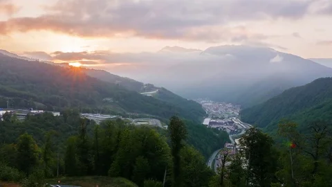 Sunset. Railway station Rosa Khutor and Gorki City, Sochi, Russia Stock Footage 83680725