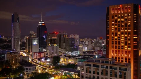 Sunset rain kuala lumpur traffic street rooftop panorama 4k timelapse malaysia Stock Footage 115011908