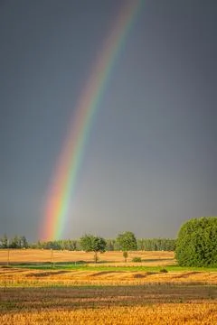 Sunset rainbow glowing over a freshly harvested countryside field. Stock Photos