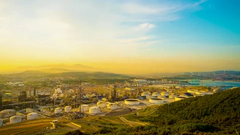 Sunset Refinery Oil Gas Flame Time Lapse  4K Time lapse video Stock Footage 145201911