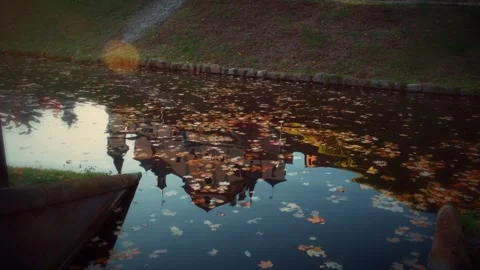 Sunset reflecting off the surface of the water, with autumn leaves and a castle Stock Footage 292789794