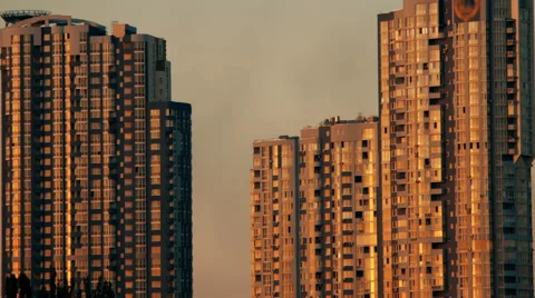 Sunset reflection in building windows Stock Footage 66111765