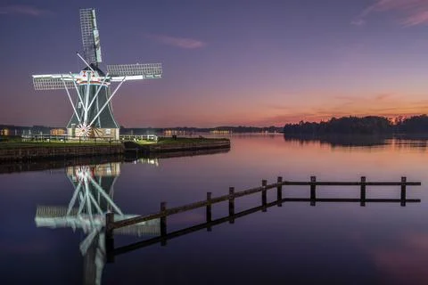 Sunset Reflection of Helper Windmill in Groningen, The Netherlands Stock Photos