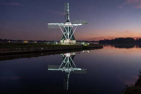 Sunset Reflection of Helper Windmill in Groningen, The Netherlands Stock Photos