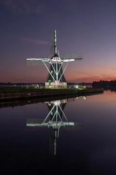 Sunset Reflection of Helper Windmill in Groningen, The Netherlands Stock Photos