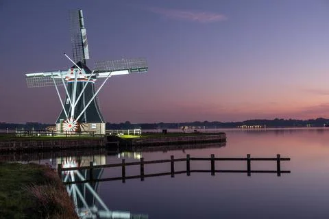 Sunset Reflection of Helper Windmill in Groningen, The Netherlands Stock Photos