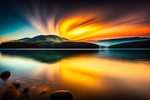 Sunset reflection on the lake. High resolution printable art Stock Illustration