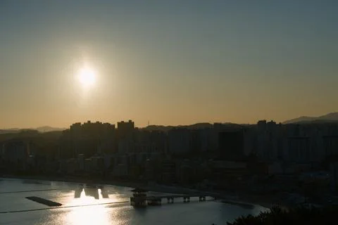Sunset Reflection Over River And Skyline Stock Photos