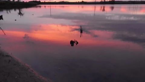 Sunset Reflection on Water Lake Pond Scenic Calm Evening Fishing Video stock 148588033
