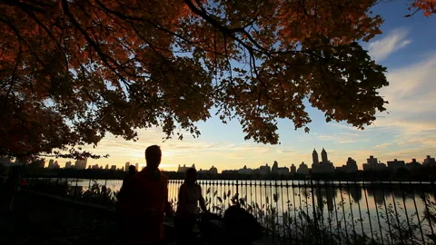 Sunset Reflections of the Cityscape and Jogging at Central Park Reservoir Stock Footage 327319826