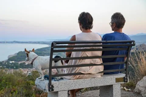 Sunset Reflections: Elderly Couple and Jack Russell on a Bench by the Bay Stock-Fotos
