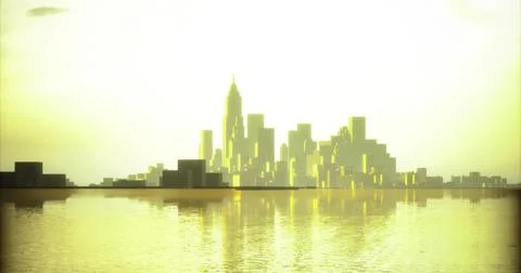 Sunset reflections over a city skyline near the water surface Stock Illustration