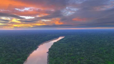 Sunset Reflections on Tambopata River and Amazon Rainforest in Peru, Aerial View Stock Footage 314321647