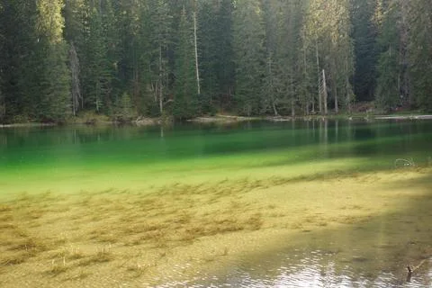 Sunset reflects over green surface of Zminje lake in Durmitor National Park.. Stock Photos