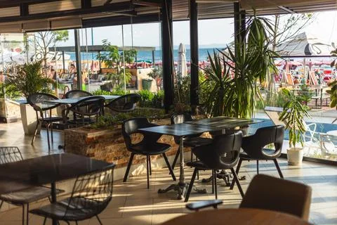 Sunset Restaurant Terrace with Empty Tables at Durres Beach Albania Stock Photos