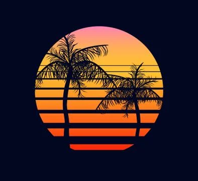 Sunset retro red orange. Abstract two palm trees against fantastic background of Stock Illustration