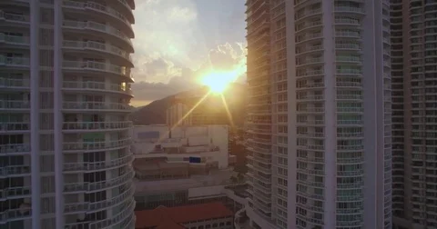 Sunset Reveal Between Modern Condominiums at Gurney Drive, Penang, Malaysia, Stock Footage 78958527