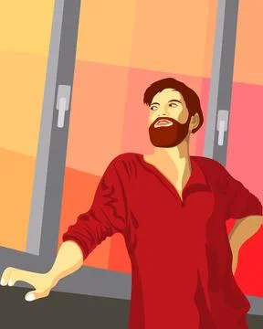Sunset Reverie: Man at the Window - Vector Illustration Stock Illustration