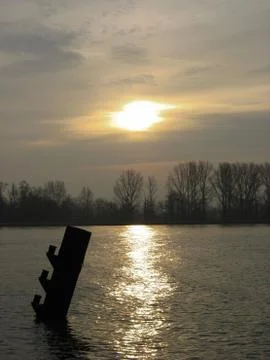 Sunset on the rhin river during winter Stock Photos