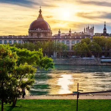 Sunset with Rhone river Stock Photos